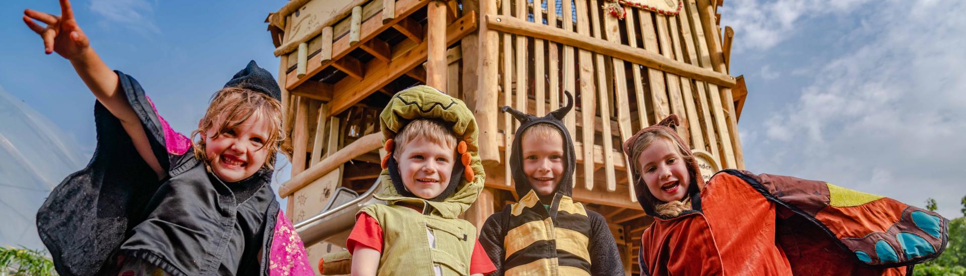 Four kids dressed in bug costumes (bee and ladybird) smiling in front of wooden play structure, with blue sky in the background