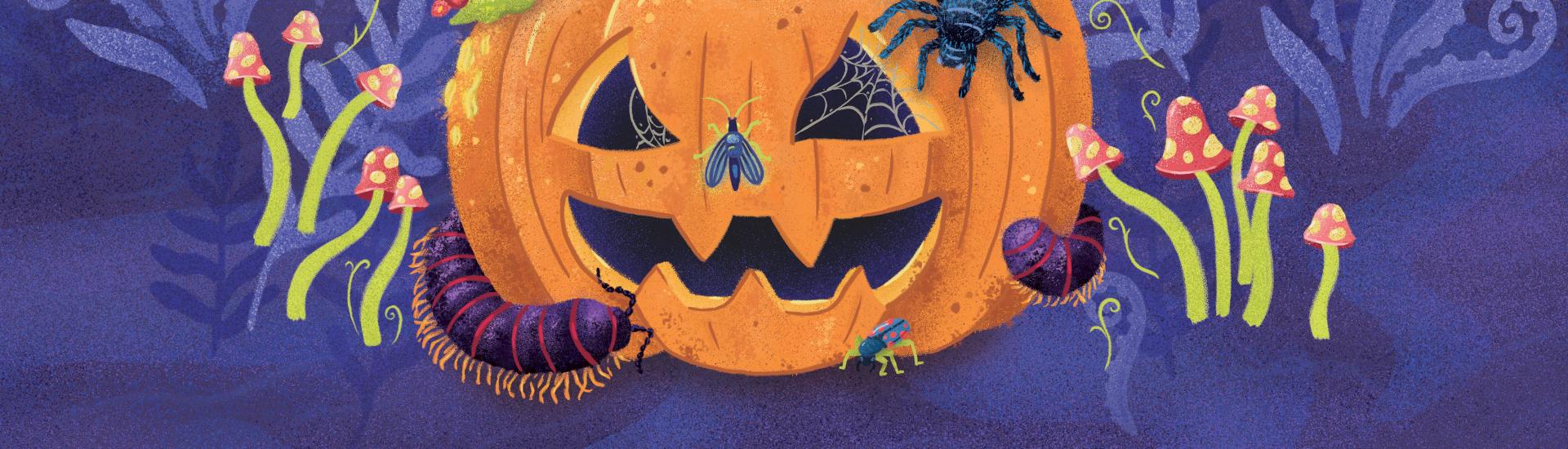 Illustrated pumpkin in the moonlight covered in bugs with Eden's Biomes in the background