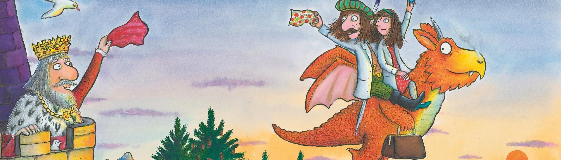 Illustration by Axel Scheffler of Zog the dragon flying at sunset with Princess Pearl and Sir Gadabout, while the king waves from his castle tower.